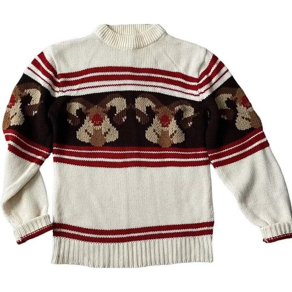 Vtg silton Knit Sweater ram horns Men Large brown cream Red Stripe Reindeer